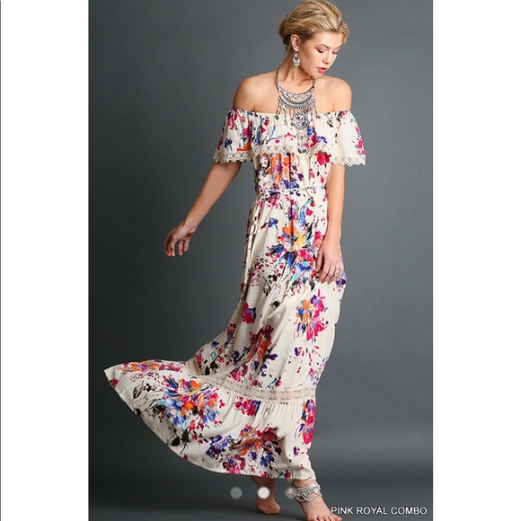 LAST ONE! Pink/Royal Floral Off Shoulder Maxi - Picture 2 of 4